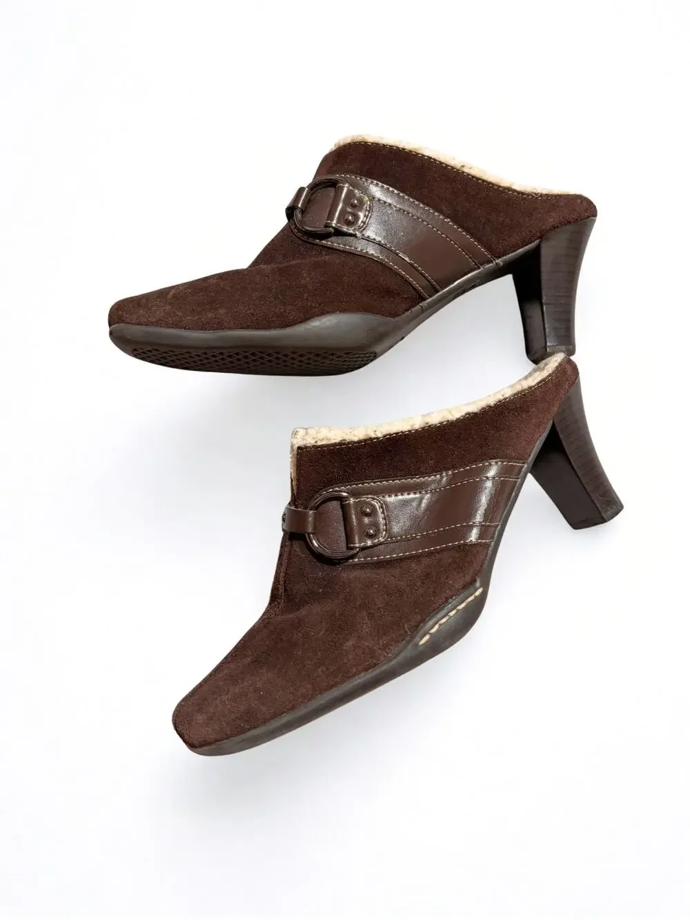 Aerosoles Chocolate Brown Buckle Detail Suede Mules with Shearling Lining Sz 7.5